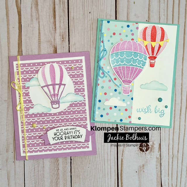 Two handmade cards designed with the Stampin' Up! Lighter than Air Suite Collection. One card is a birthday card that is purple with a hot air balloon. The other card is bright and colorful with two hot air balloons in the sky.