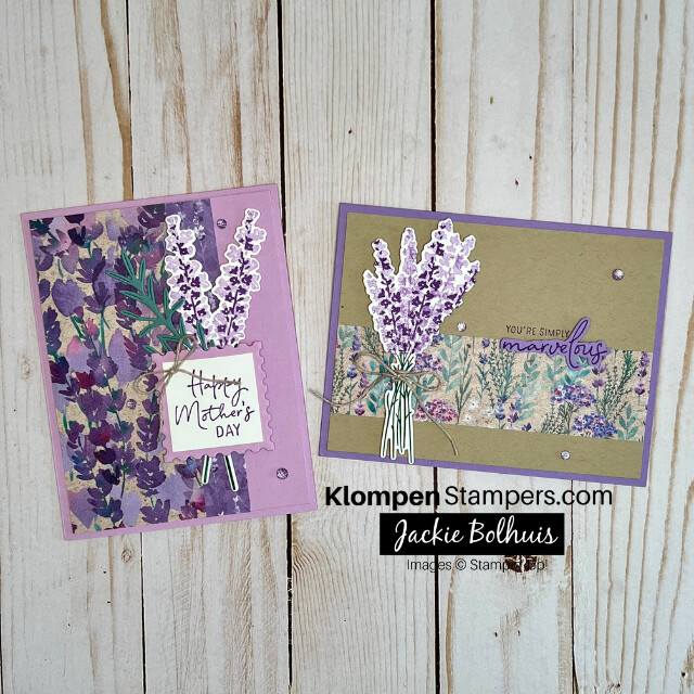Two greeting cards designed with Stampin' Up! the Painted Lavender stamp set and dies, the Perennial Postage stamp set and dies, and the Perrenial Lavender Designer Series Paper.