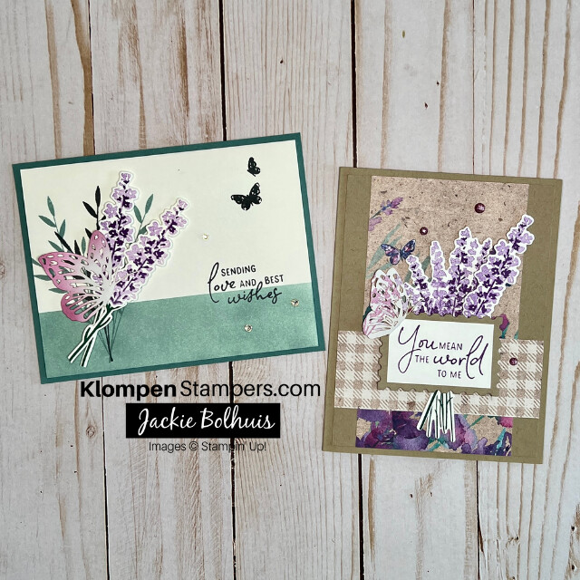 Two handmade greeting cards designed with Stampin' Up! the Painted Lavender stamp set and dies, the Perennial Postage stamp set and dies, and the Perrenial Lavender Designer Series Paper.