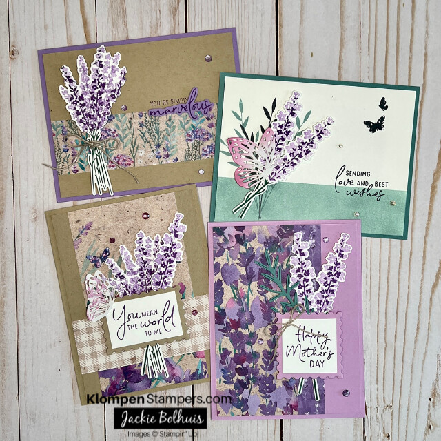 Four elegant greeting card designs created with the Stampin' Up! Perennial Lavender Suite Collection.