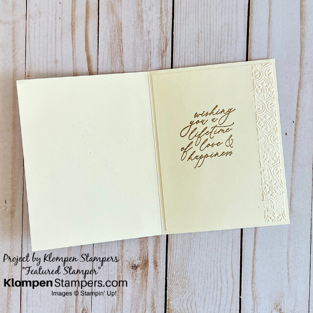 The inside of the elegant wedding card designed with the Stampin' Up! Lifetime of Love stamp set. 