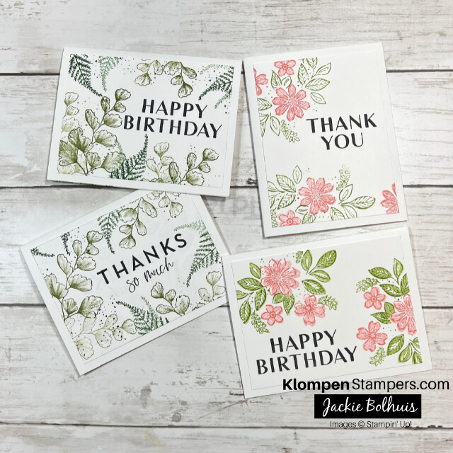 Four one layer SIP cards, designed very simple with just stamps, ink and paper. These cards are a part of a project for giving basic card making tips for beginners, because these simple card designs teach the basics of card making.