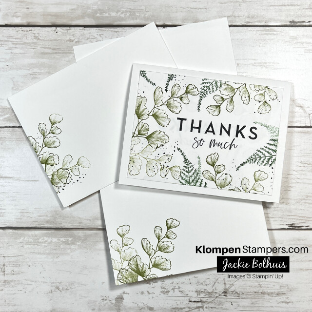A simple thank you card designed with the Stampin' Up! stamp set Nature's Print, with it's coordinating stamped envelope.