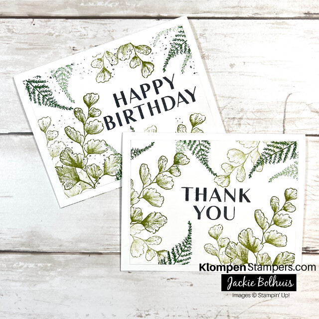 Two simple one layer greeting cards stamped with the Stampin' Up! stamp set Nature's Print. Both cards are stamped the same with botanical greenery. One card has a bold HAPPY BIRTHDAY stamped and the other has a bold THANK YOU stamped.