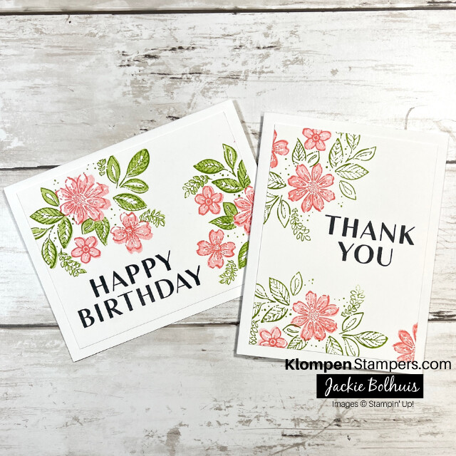 Two simple one layer greeting cards stamped with the Stampin' Up! stamp set Petal Park. Both cards are stamped with the same floral image. One card has a bold HAPPY BIRTHDAY stamped and the other has a bold THANK YOU stamped.