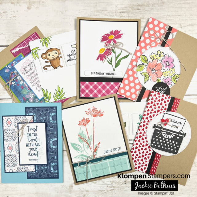 A pile of eight different handmade greeting cards. They are all easy card making ideas that can be recreated by using the card making templates that inspired their designs.