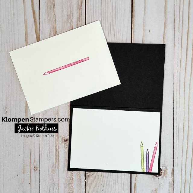 The coordinating inside of the thank you card and it's envelope, both with colored pencils stamped.