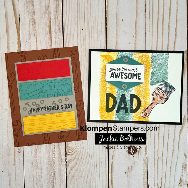 Two simple card ideas for dad made with the Stampin' Up! stamp set Trusty Tools. One card is a father's day card and the other is a card for dad that can be given for any occasion. Both cards are designed with tools.