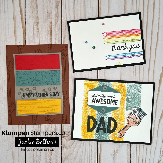 Three different handmade greeting cards that are all simple card ideas for dad using the Stampin' Up! stamp set Trusty Tools.