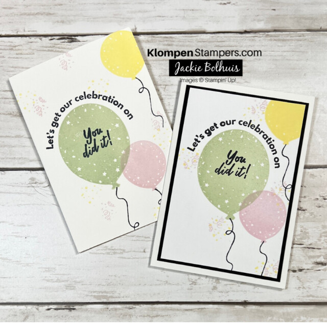 Two handmade celebration cards stamped the same using the Beautiful Balloons stamp set by Stampin' Up! The first card is only stamped on a white note card, and the second card has a white and black layer under the stamped images.