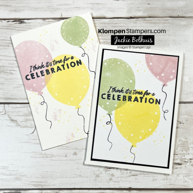 Another set of two handmade celebration cards stamped the same using the Beautiful Balloons stamp set by Stampin' Up! The first card is only stamped on a white note card, and the second card has a white and black layer under the stamped images.