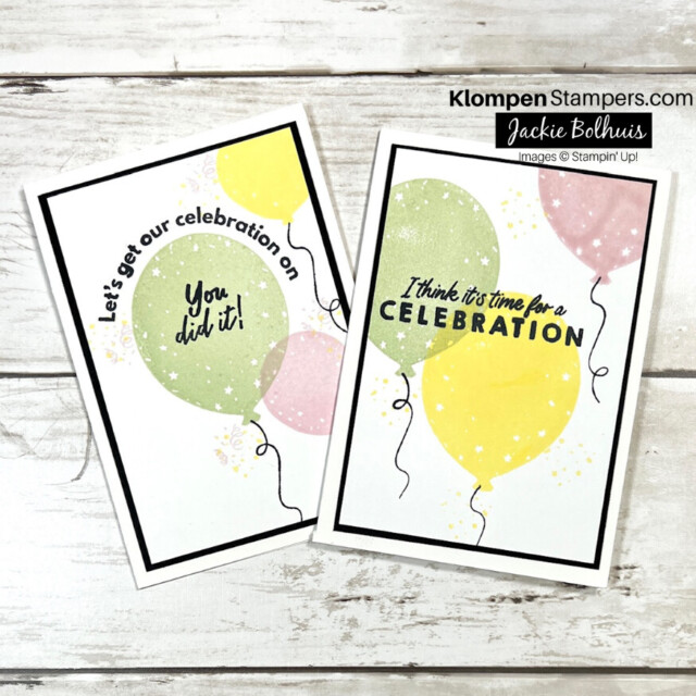 Two handmade celebration cards designed with the Stampin' Up! stamp set Beautiful Balloons.