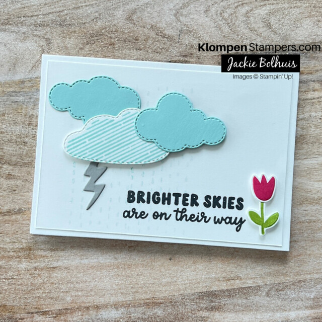 Handmade note card designed with the Stampin' Up! Bright Skies Bundle. Card is designed with rain an lightning, a sentiment that reads "brighter skies are on their way", and has a pink tulip.