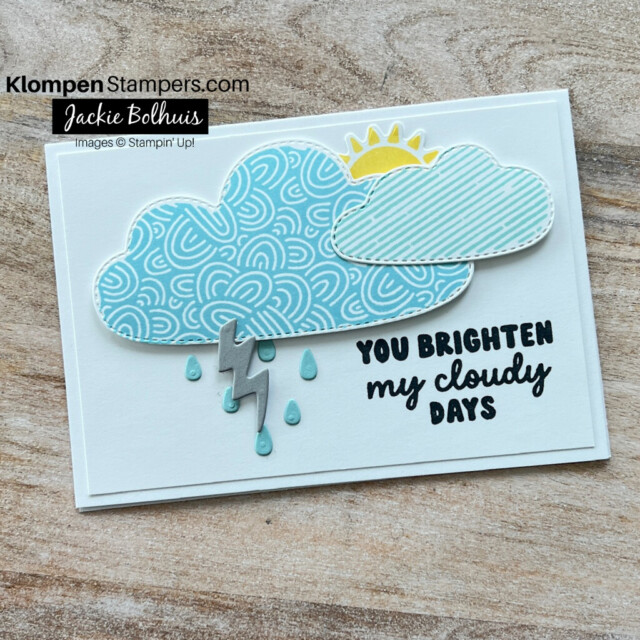 Handmade note card designed with the Stampin' Up! Bright Skies Bundle. Card has a rain cloud with a sun peaking from behind, with a sentiment stamped that reads "you brighten my cloudy days".