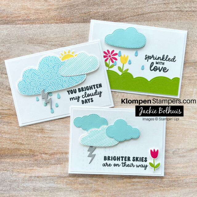 Three handmade cheerful sympathy cards designed with the Stampin' Up! Bright Skies Bundle. All three cards have a rainy, cloudy theme to send a note of support.