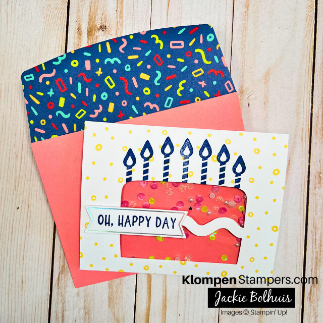 A happy birthday confetti shaker card that was made by using an all-inclusive birthday card kit.