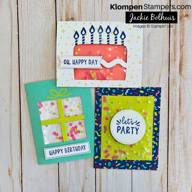 The three completed birthday cards that come in the Stampin' Up! Confetti Birthday kit.