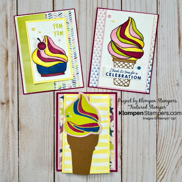 Three cheerful handmade cards designed by a Klompen Stampers featured stamper. These cards are created with the Stampin' Up! Ice Cream Swirl Bundle.