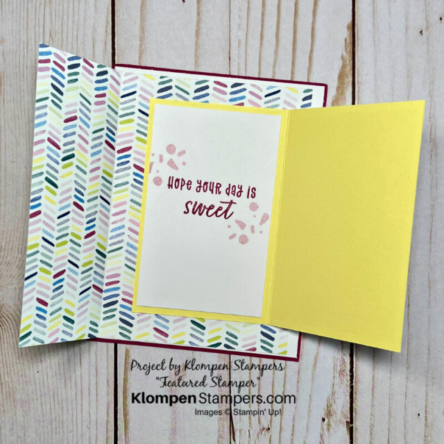 A inside of the unique fun fold card design that shows how the card opens both right and left.