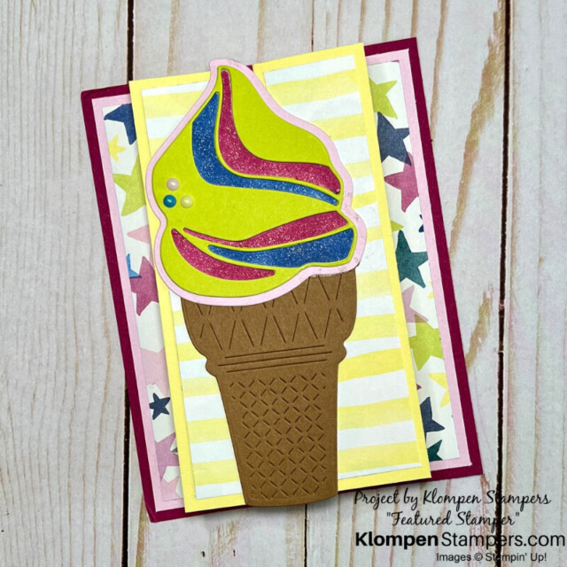A bright and colorful handmade card designed with an ice cream cone.