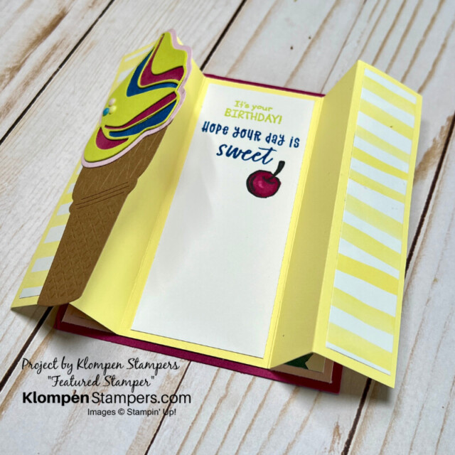 An open fun fold card that was designed bright and colorful with an ice cream swirl cone.