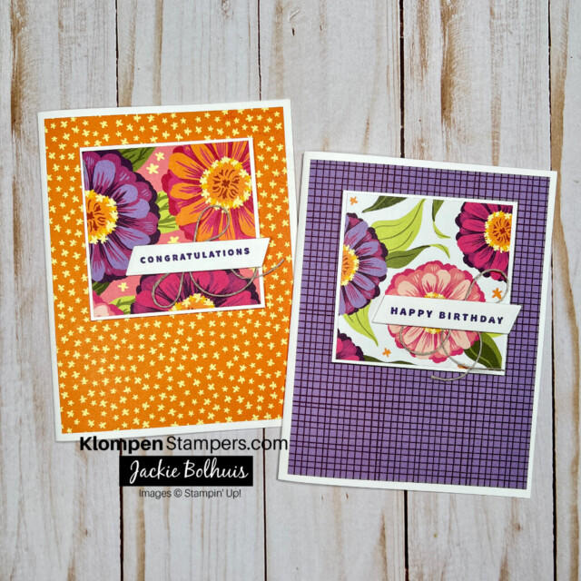 Two handmade cards that are designed the same, but using different pieces of patterned paper from the Stampin' Up! Flowering Zinnias Designer Series Paper