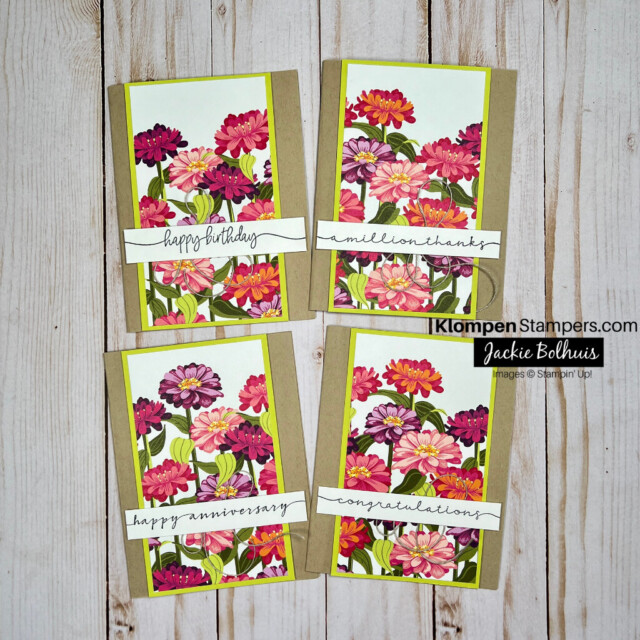 Four easy handmade cards all made with the same card layout using Stampin' Up! DSP Flowering Zinnias.