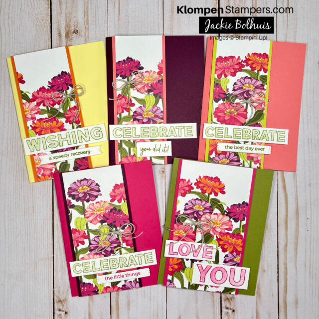 Five similar card layouts with designer series paper that were made by using one half piece of 12" x 12" Flowering Zinnias Designer Series Paper.