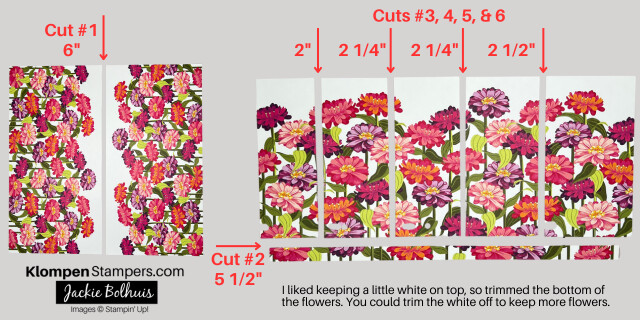 Cutting diagram to show how to cut a 12" by 12" piece of designer series paper to create 5 cards at once.