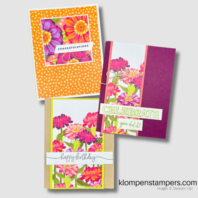 Three handmade cards that all show different card layouts with designer series paper.