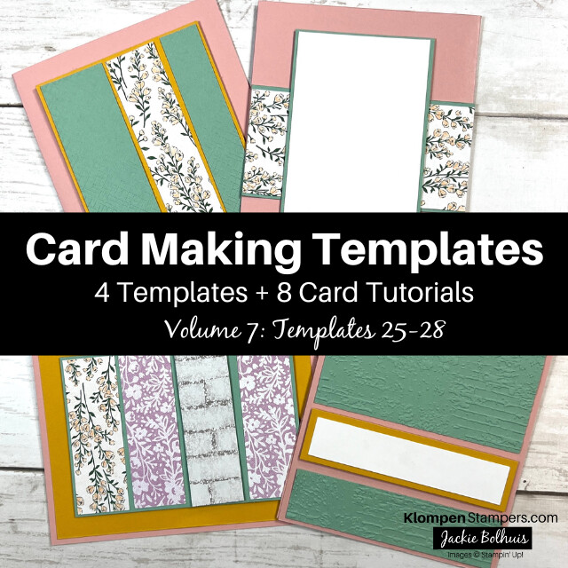 the four card templates from Volume 7, with a graphic overlay that reads "card making template class, Volume 7: Templates 25-28".