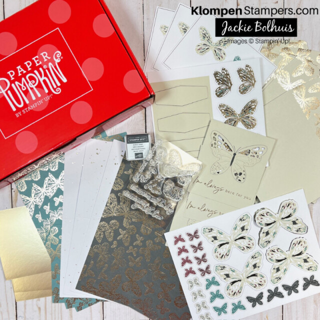 The contents of the April 2024 stampin up paper pumpkin lying on a table.