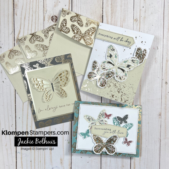 The three completed cards made from the April 2024 stampin up paper pumpkin.