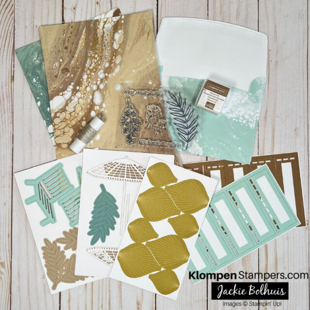 The contents of the Stampin' Up! Boho Beach card kit lying on a table.