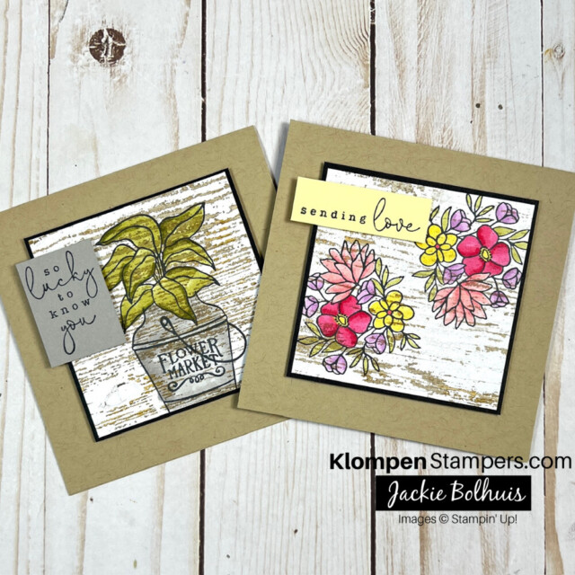 Two handmade cards designed with the Stampin' Up! stamp set Country Flowers that were made to show how easy coloring with Stampin' Blends can be. One card has a sentiment that reads so luck to know you, and the other card reads sending love.