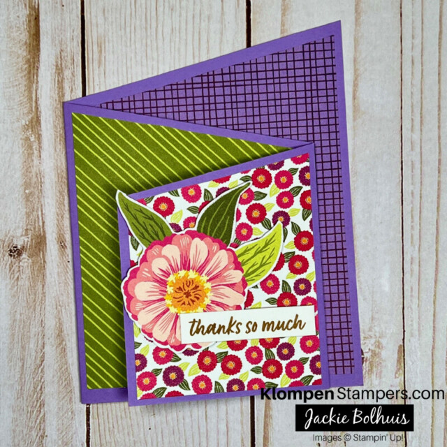 Front of the Flowering Zinnias diagonal fun fold card.