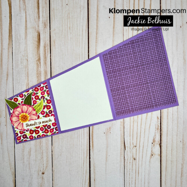 Opened Flowering Zinnias fun fold card to show the diagonal fold card instructions.