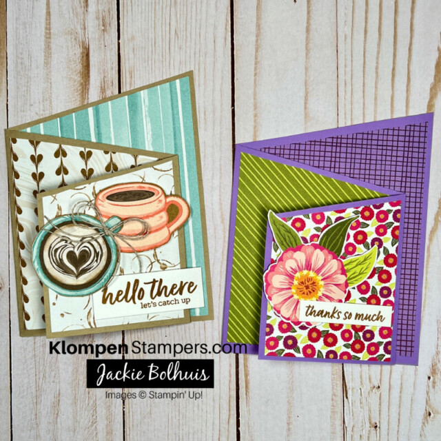 Two diagonal fun fold cards. One is designed with Stampin' Up! Latte Love and the other is designed with Flowering Zinnias.