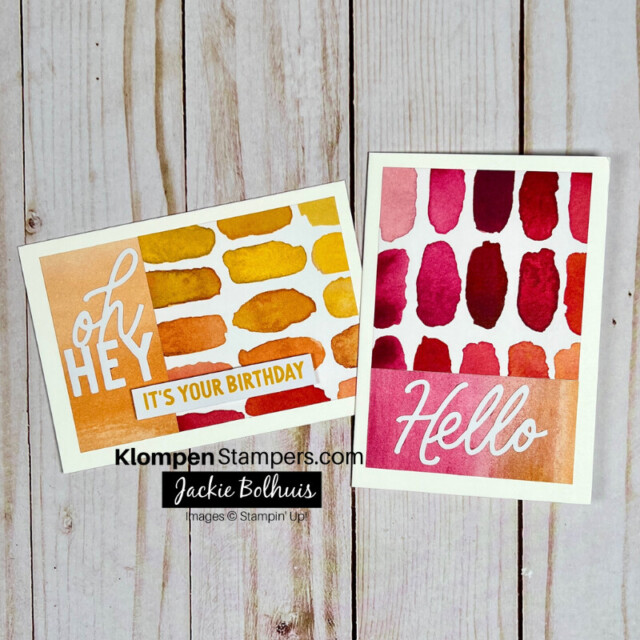 Two note cards made from the same template design. One is an orange birthday card and the other is a pink hello card.