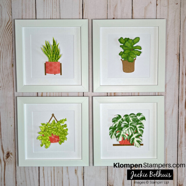 Four frames that are a houseplant home decor craft to make. Each frame has a different small houseplant built from paper layers.