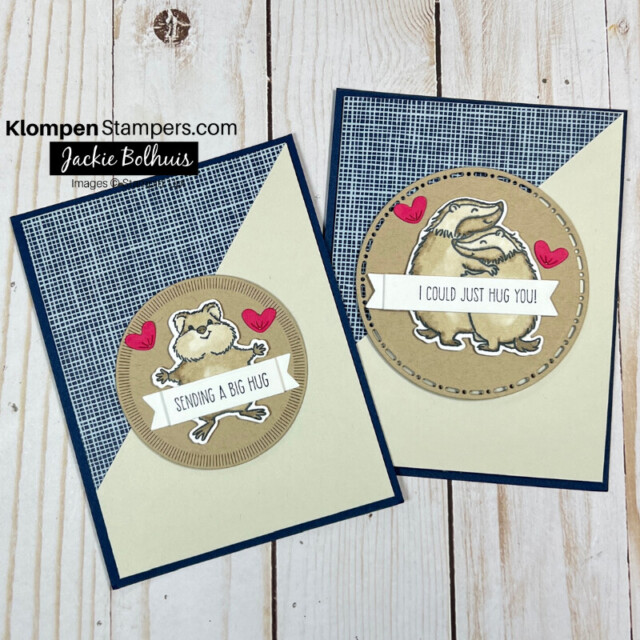 Two of the same card layout for the card making project for sending love through cards. Both cards are made the exact same, but with a different focal image character.