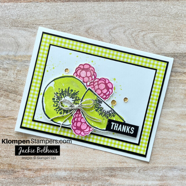 A thank you card decorated with kiwis and berries.