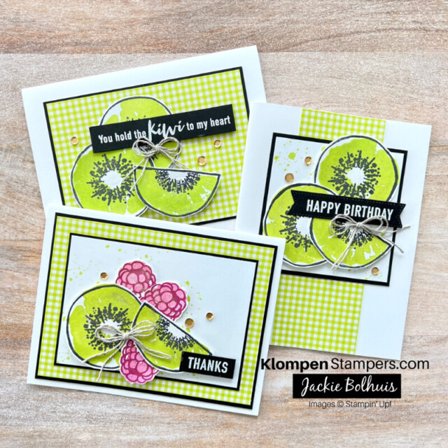 Three handmade cards designed with the stamp set Hello Kiwi. This stamp set is a part of the last chance offers for the Stampin' up! retiring products list.