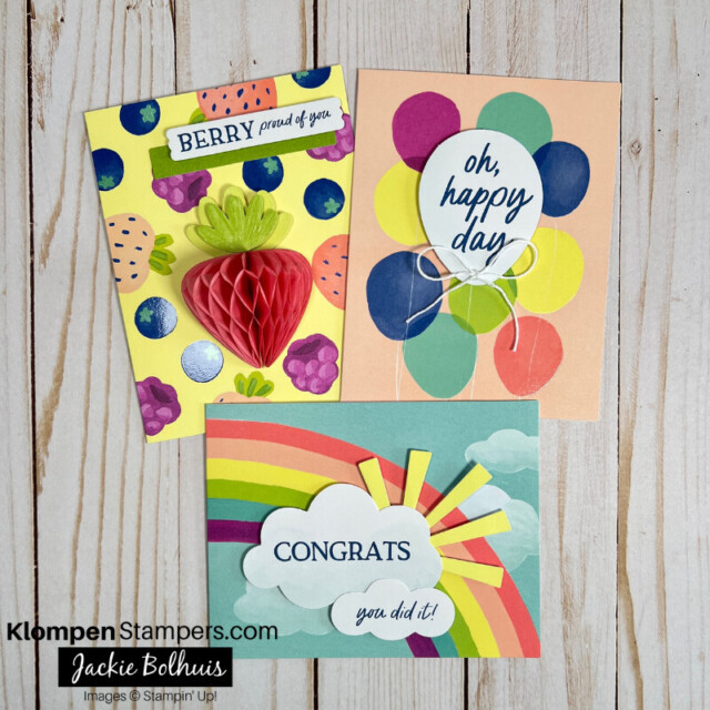 The three completed cards made from the best card making kits by Stampin' Up!, Hooray for Honeycomb.