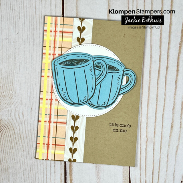 Handmade notecard designed with two coffee cups to give to someone with a coffee gift card inside.