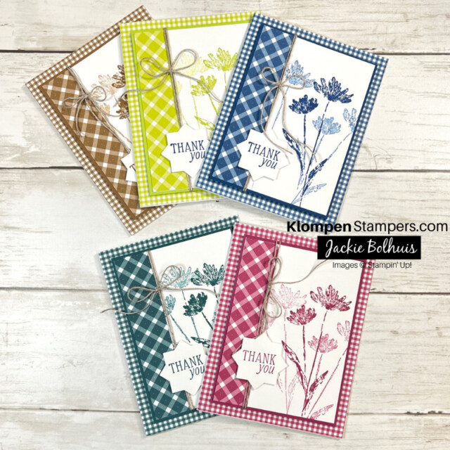 Handmade monochromatic card inspiration. There are five cards all designed the same, but each card is a different color. The colors are: brown, lime green, blue, dark green, and pink.