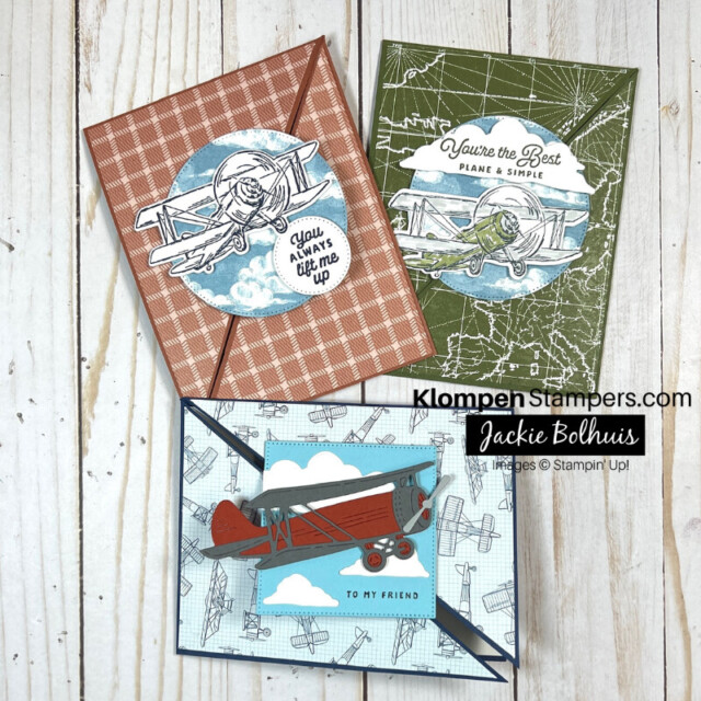 Three masculine triangle fold cards that were designed with the Stampin' Up! Take To The Sky collection.