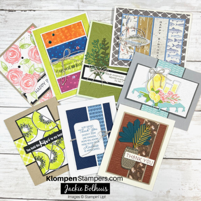 Eight handmade greeting cards all designed with different Stampin' Up! stamp sets and products. These cards were designed from using the four card templates made in the free card making template resource video shared by Jackie and Dave.