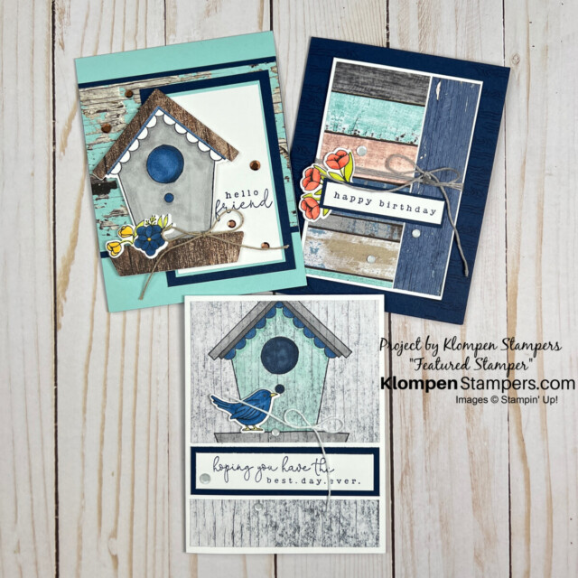 Three rustic cards designed with the Stampin' Up! stamp set Country Birdhouse.