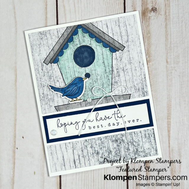 Handmade card for any occasion, designed with with a birdhouse and blue bird.